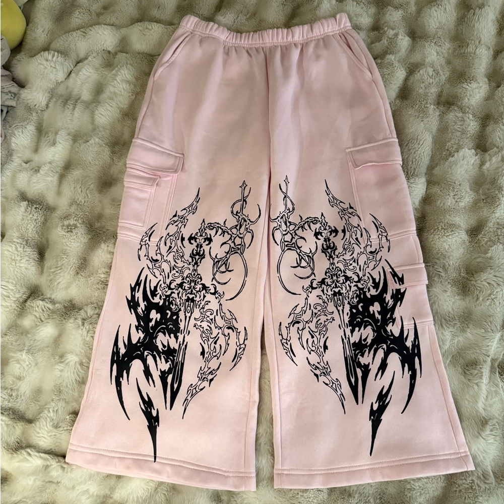 Light Pink Cargo Wide-Leg Pants with Black Graphic Print
